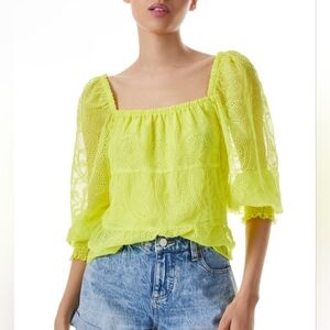 Alice + Olivia Rowa Smocked Cuff Square Neck Top Size Small